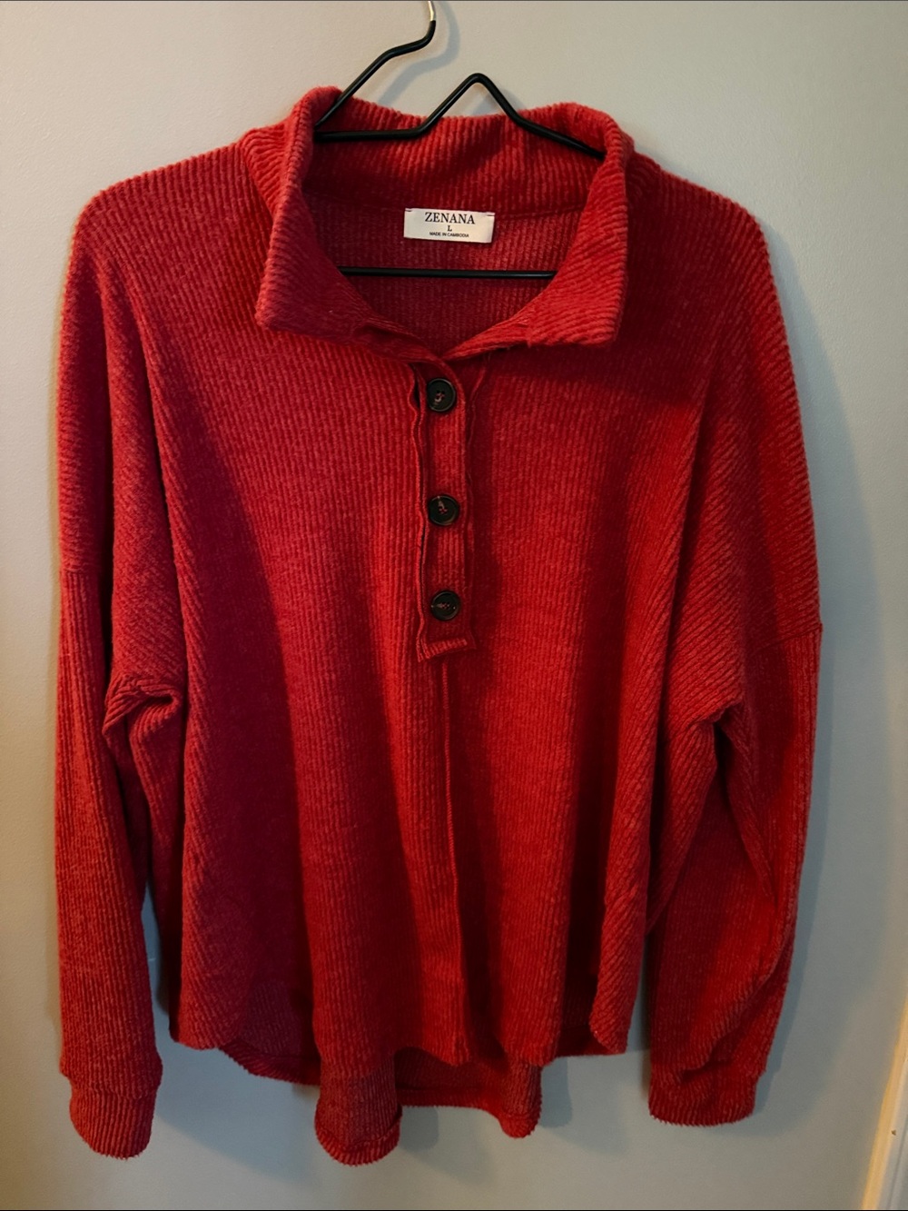 Zenana Outfitters Red Ribbed Button-Up Cowl Pullover